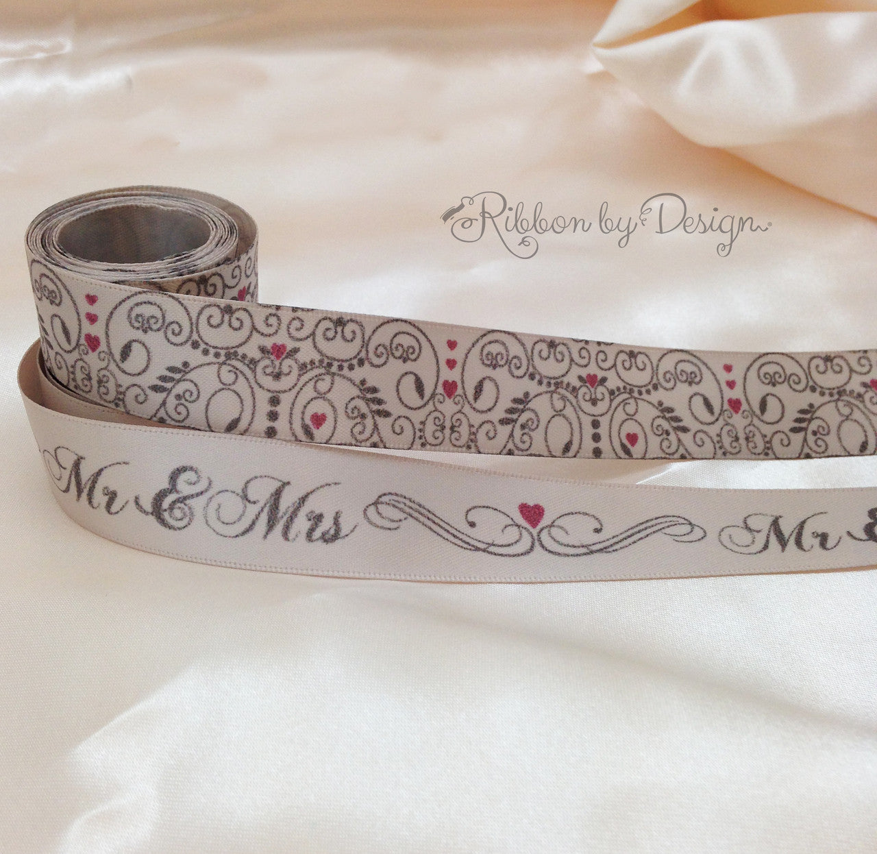 Elegant wedding scroll ribbon, toffee with pink hearts on 7/8" Iced Coffee Double Face Satin