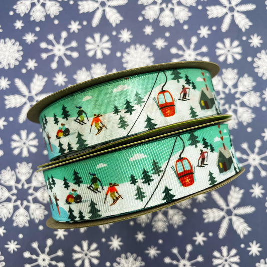 Winter Fun Ribbon featuring all the fun activities of the season printed on 7/8" White Single Face satin and grosgrain