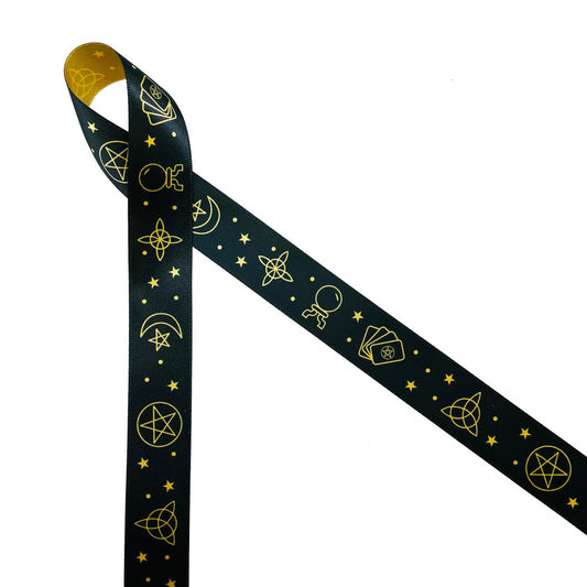 Witchcraft themed ribbon with crystal balls, cards, starts, moons and mystical symbols on a black background printed on 7/8" dijon gold single face satin ribbon is a great ribbon for anyone interested in mysticism. This is a great ribbon for Halloween, party decor, wizard parties, magic parties, gift wrap, and crafts. This is a fun ribbon for hair bows, fascinators and head bands too. All our ribbon is designed and printed in the USA