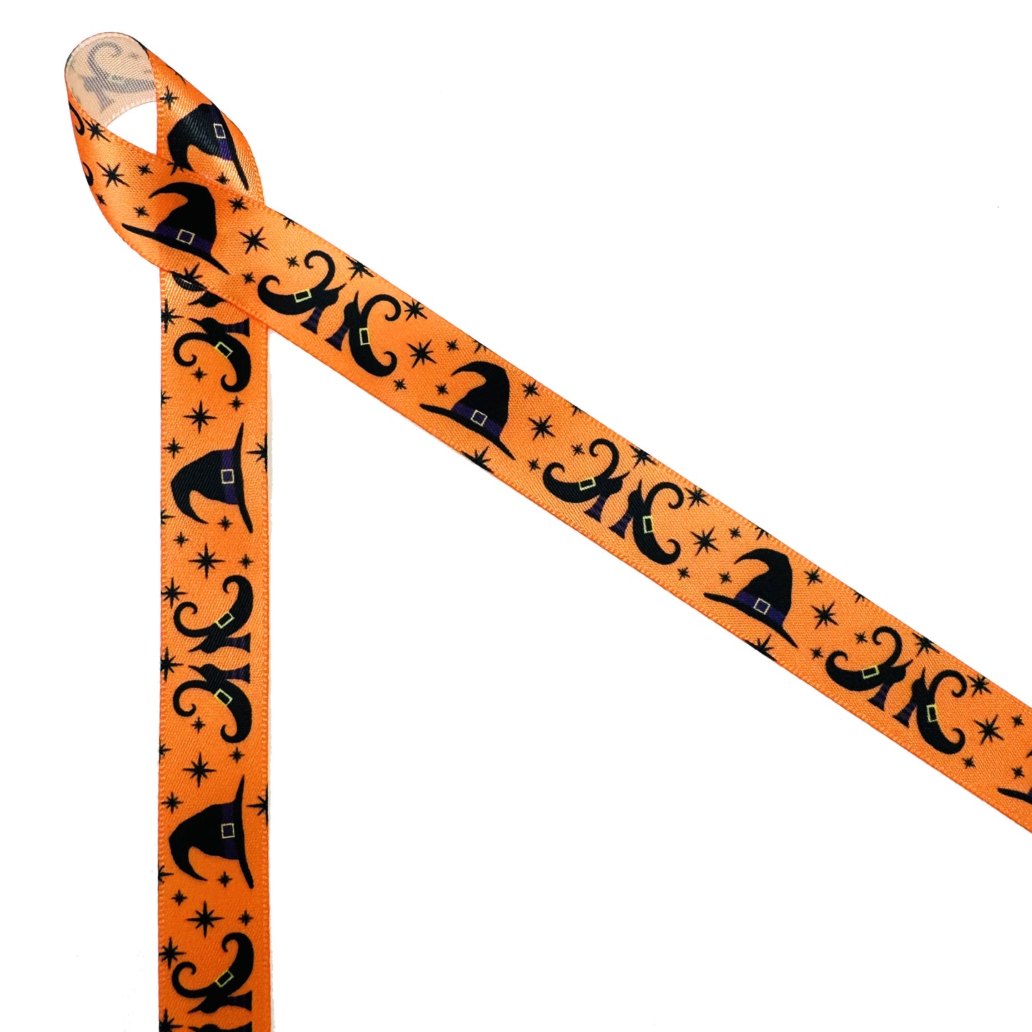 Witch Ribbon, Hats and Shoes with an orange background on 5/8" white single face satin