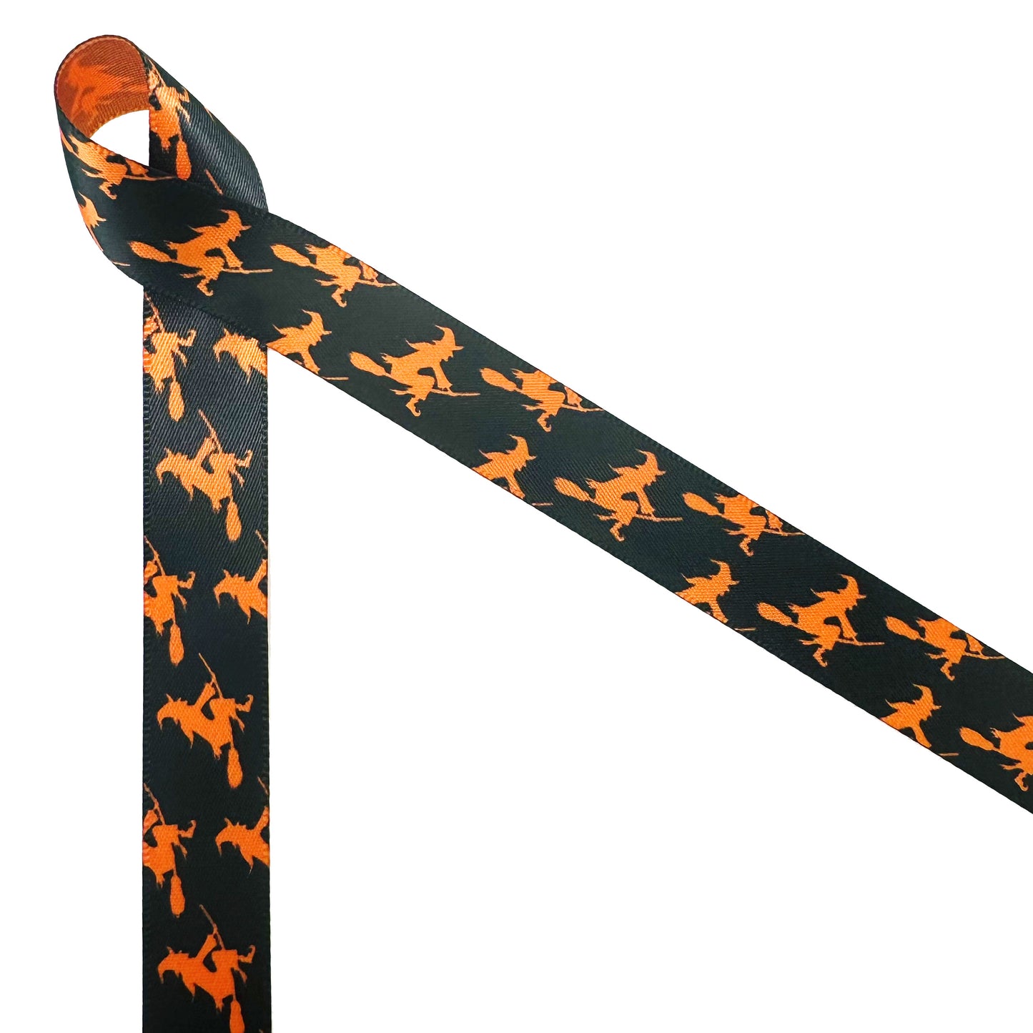 Witch ribbon for Halloween witches in orange silhouette on a black background printed on 5/8" torrid orange satin