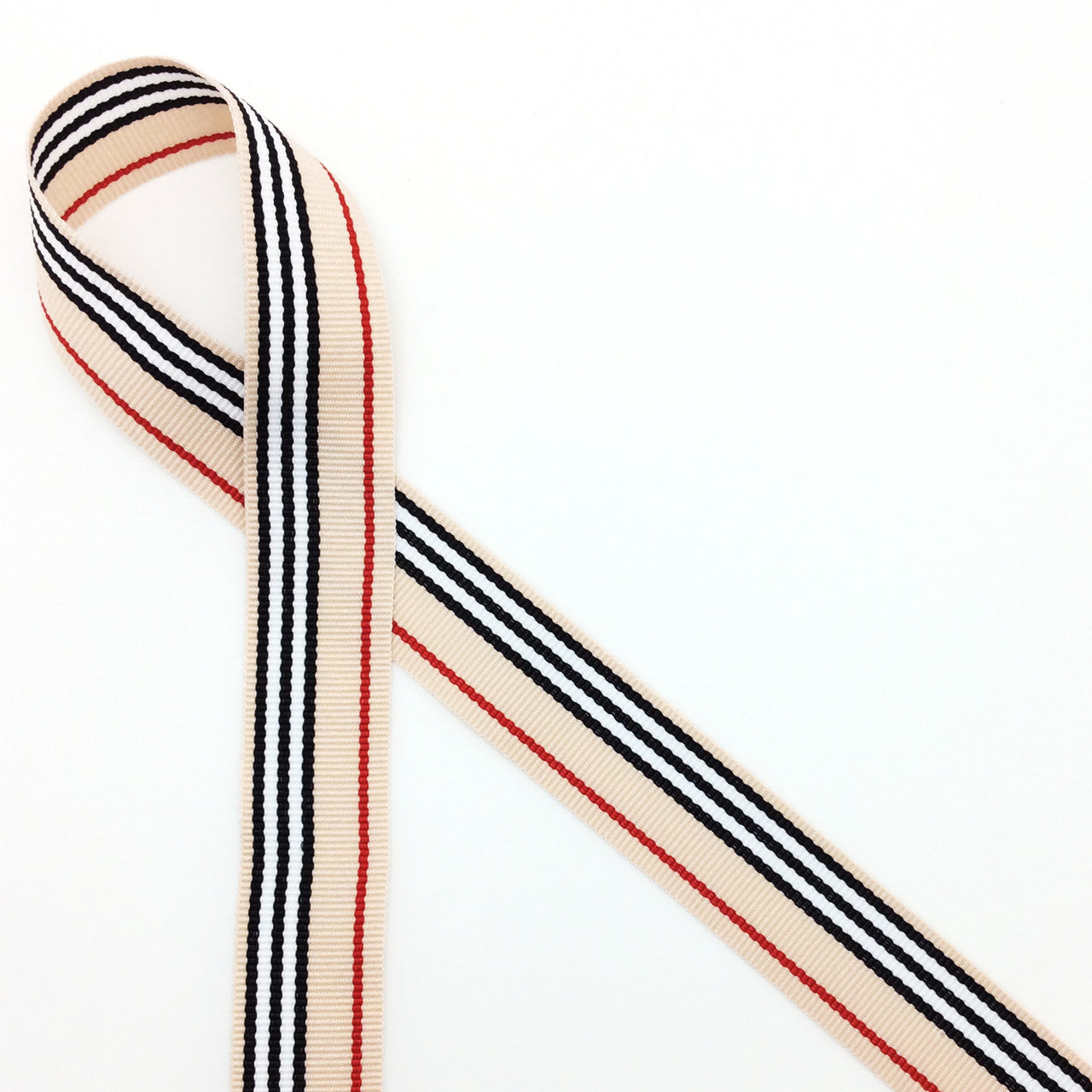 Stripes of Tan, white, black and red woven grosgrain ribbon, 10 Yards