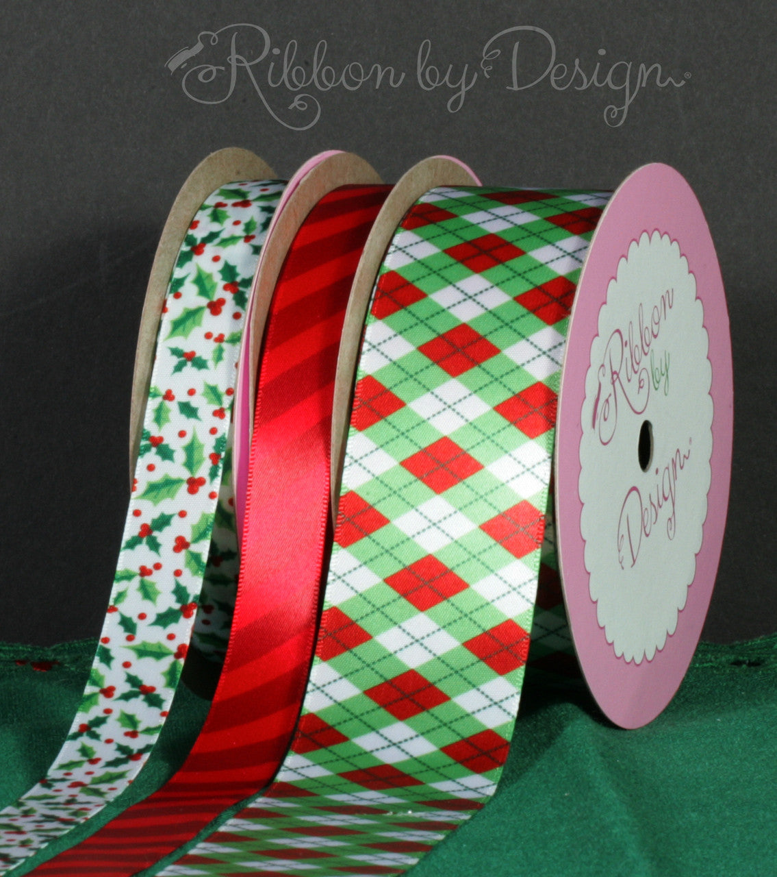 Christmas Argyle Ribbon in red and green on  1.5" White Single Face Satin Ribbon