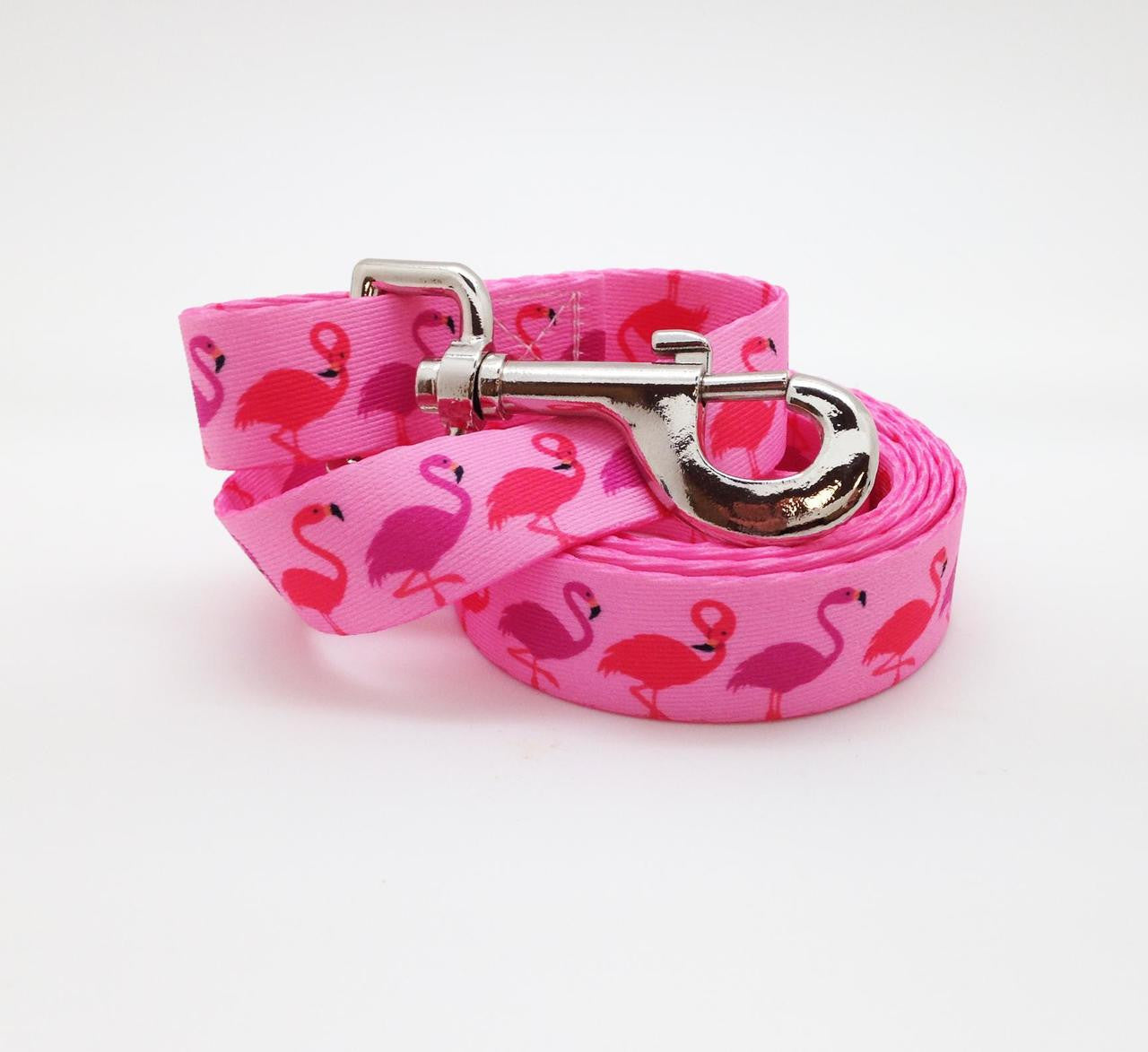 Dog Leash 1" wide with pink and lavender Flamingos on pink webbing