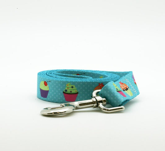 Dog Leash 1" wide with Cupcakes in a row on a Turquoise background