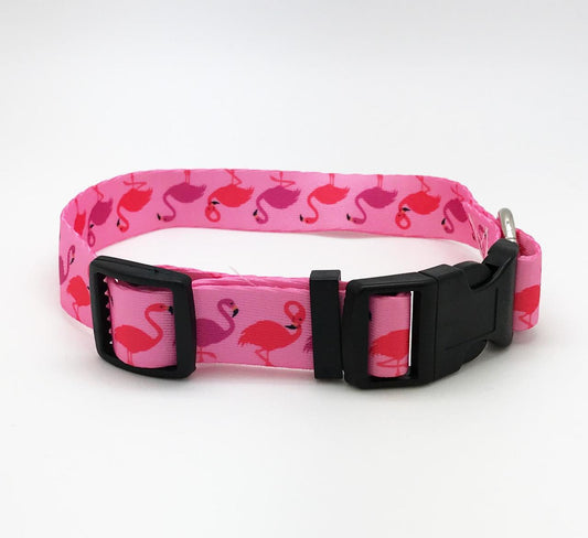 Dog Collar 1" wide with Flamingos in a row in Pink and Purple on Pink webbing