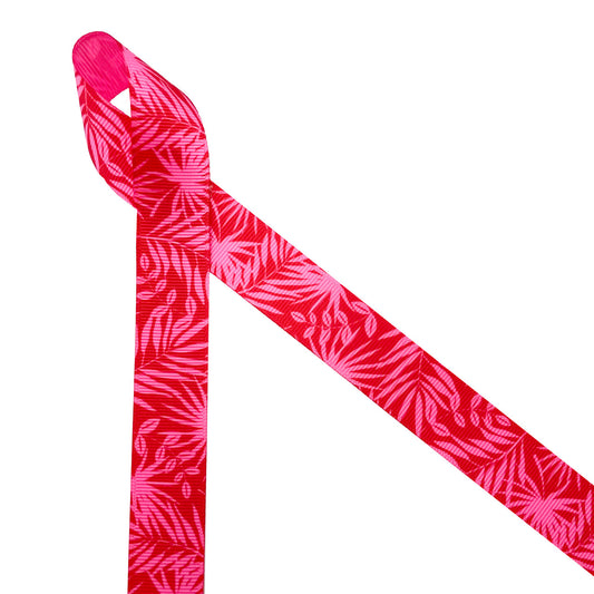 Palm Fronds ribbon in light pink on a hot pink background printed on 7/8" pink grosgrain 10 yards