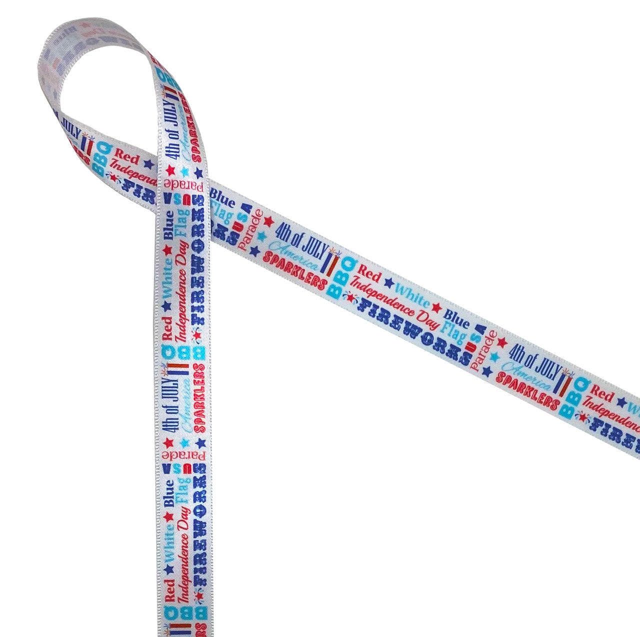Fourth of July word block ribbon printed in blue and red on 5/8" white single face satin