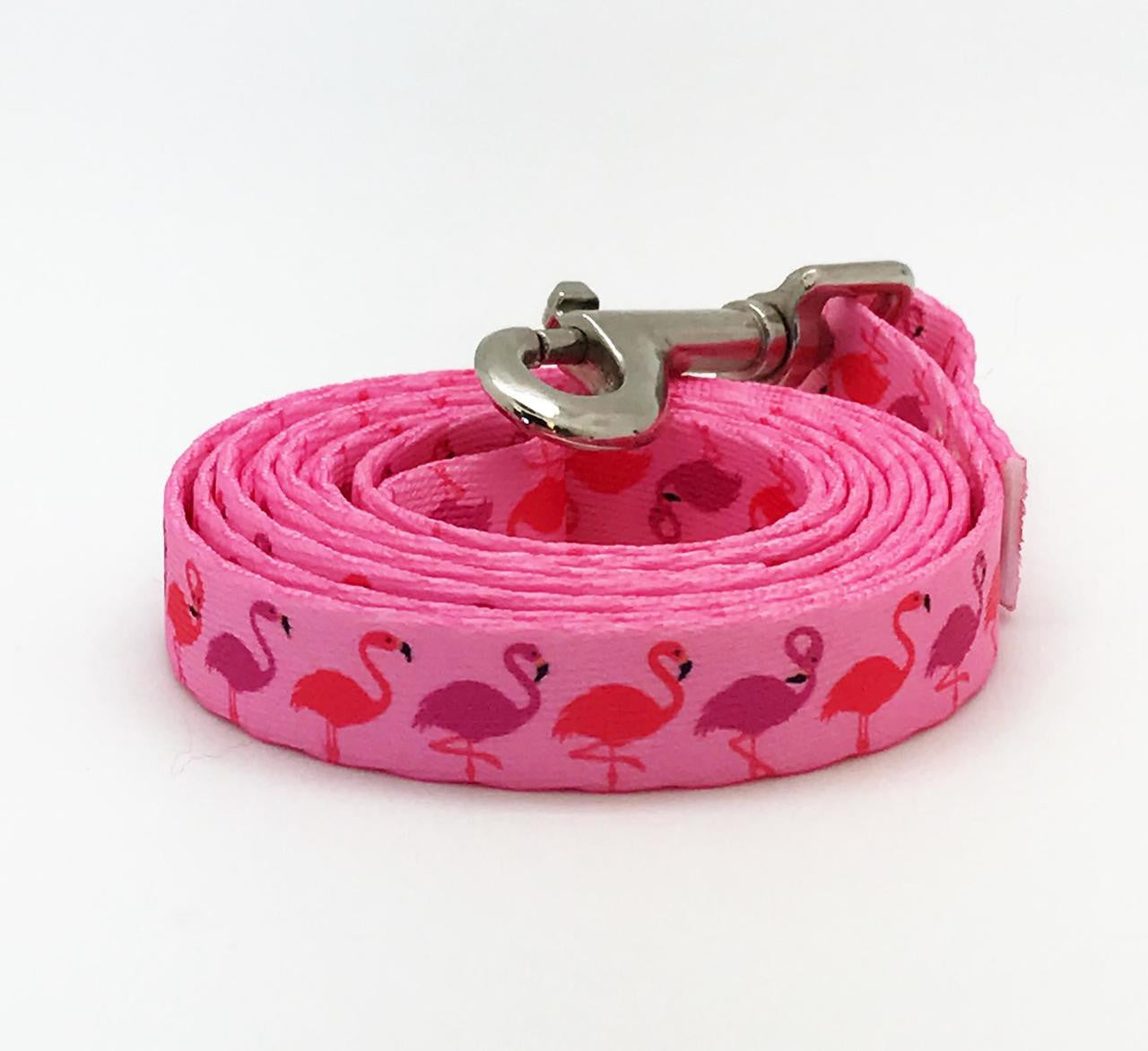 Dog Leash 5/8" wide with pink and lavender flamingos on pink webbing