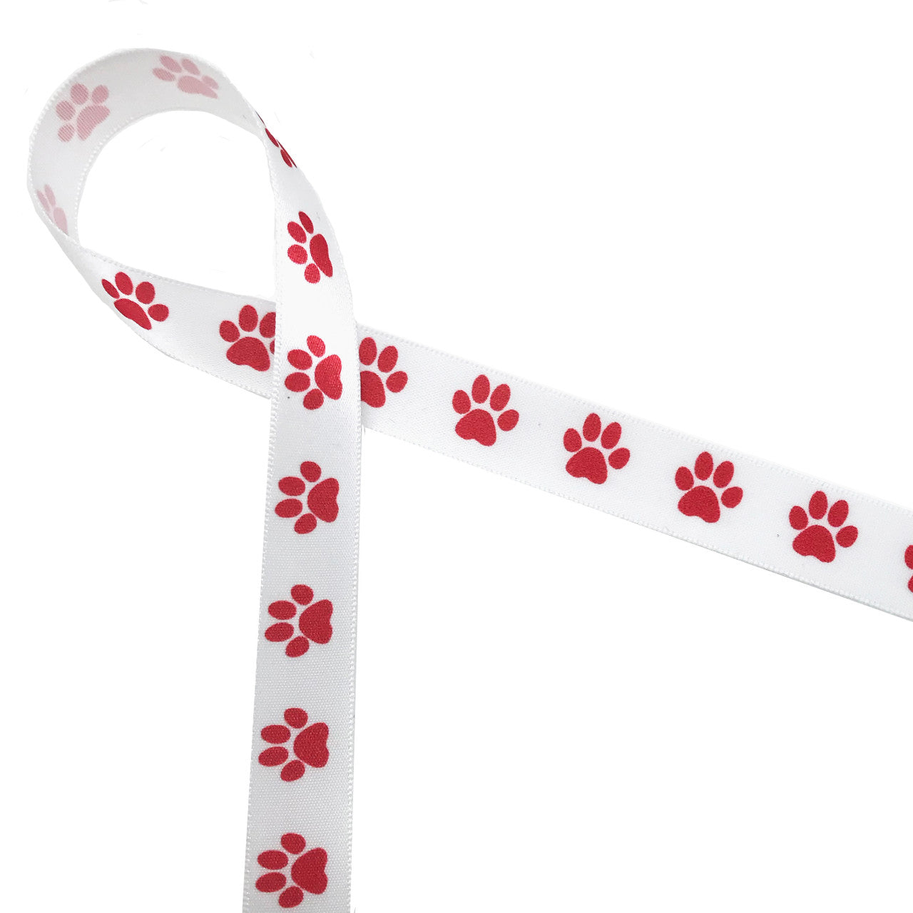 Red Paw Prints ribbon on 5/8" white single face satin