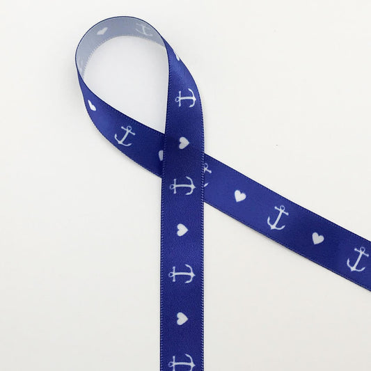 White Anchors Ribbon and hearts on a blue background printted on 5/8" White Single Face Satin