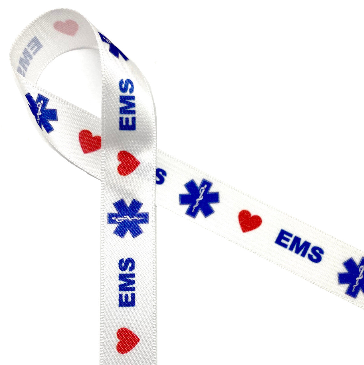 EMS themed ribbon with logo and a red heart printed on 5/8