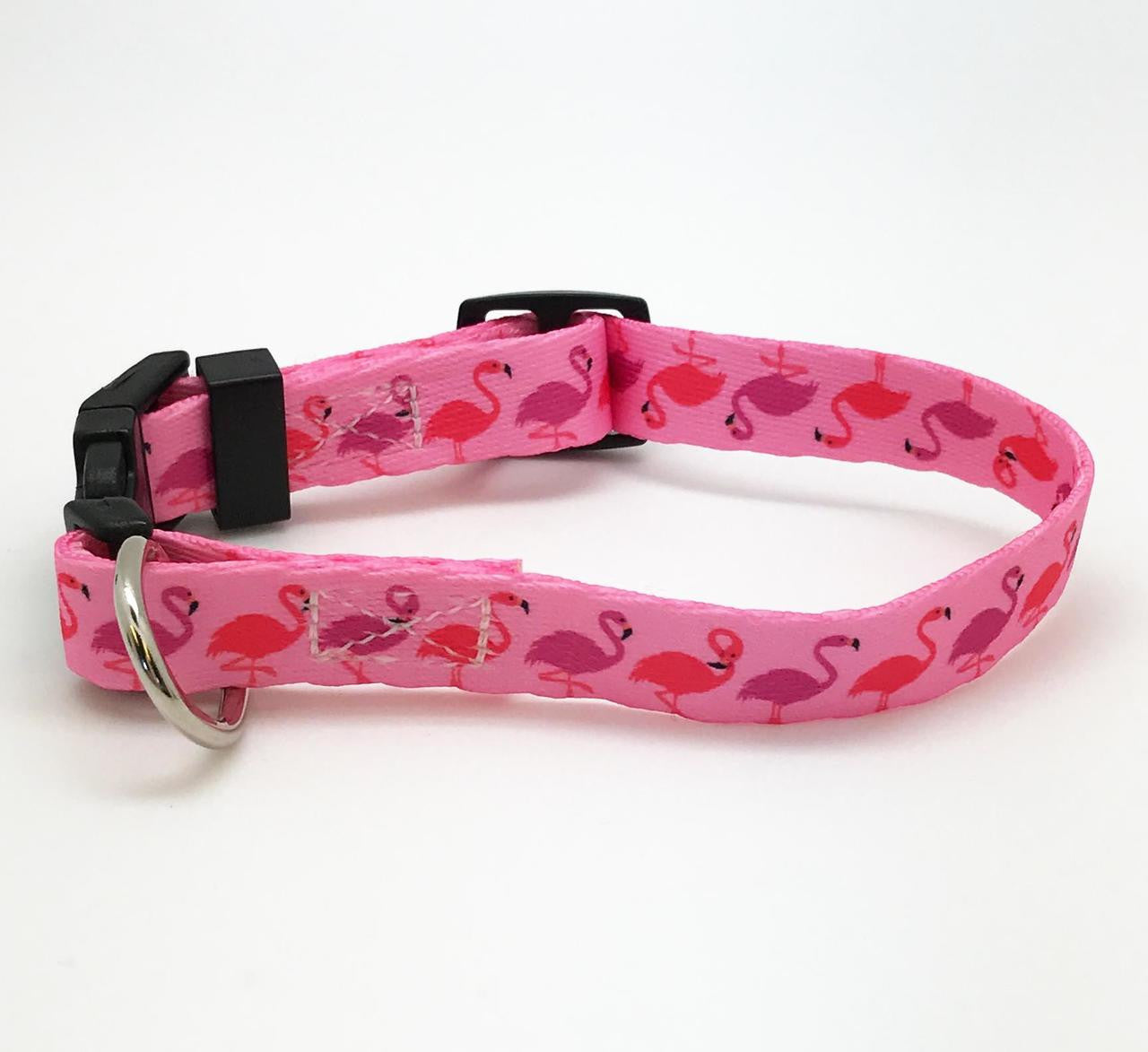 Dog Collar 5/8" wide with Flamingos in pink and lavender on pink webbing