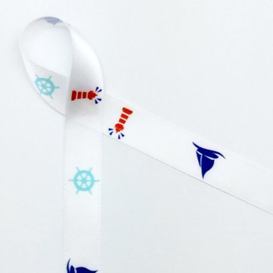 Sail Boats Ribbon with Lighthouses and Ships Wheels on White 5/8" Single Face Satin