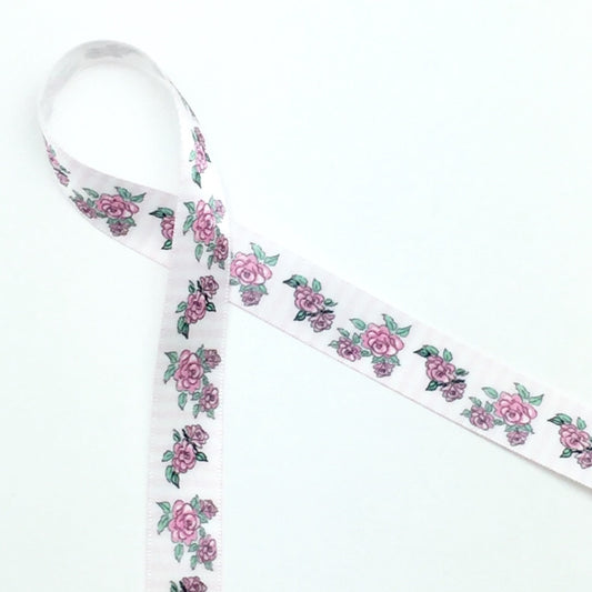 Roses Ribbon in Pink  on 5/8" Light Pink and White Stripe Satin