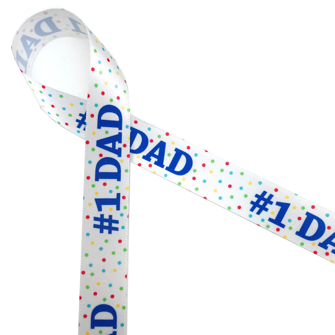 Father's Day RIbbon #1 Dad in royal blue with polka dots in primary colors printed on 7/8" white single face satin ribbon