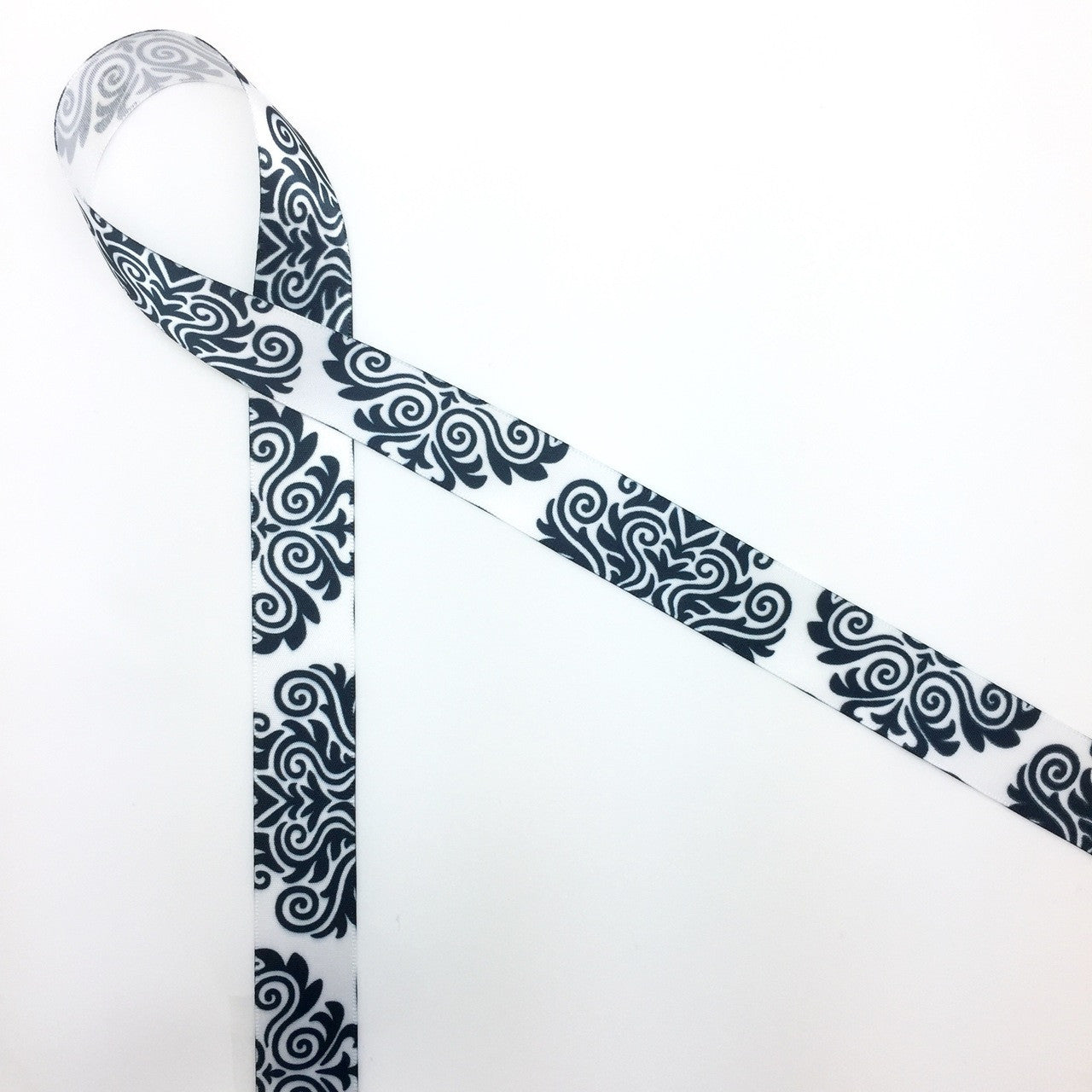 Damask Ribbon in black on 7/8"White  single face satin ribbon