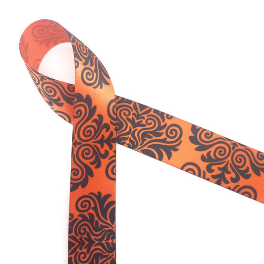 Damask Ribbon in black on 7/8" Orange single face satin ribbon