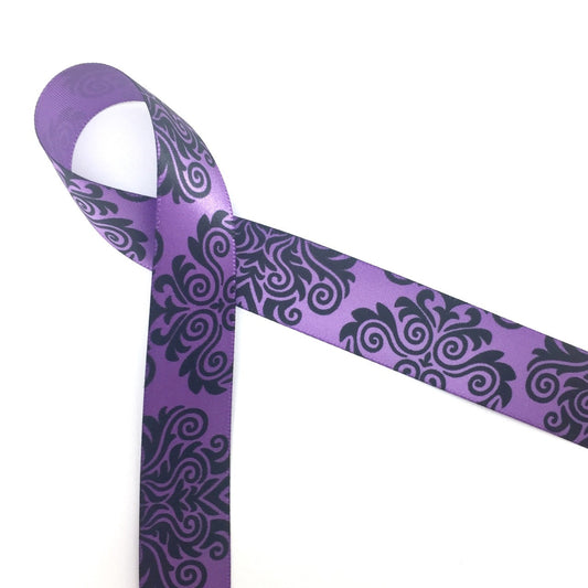 Damask Ribbon in black on 7/8" Purple  single face satin ribbon