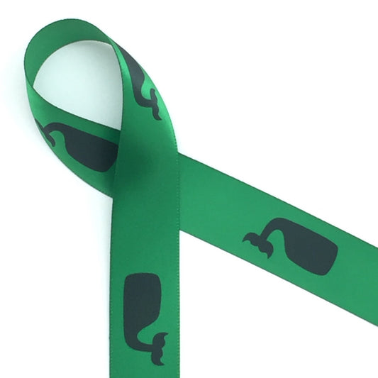 Whales Ribbon in Navy Blue on 7/8" Emerald Green Single Face Satin