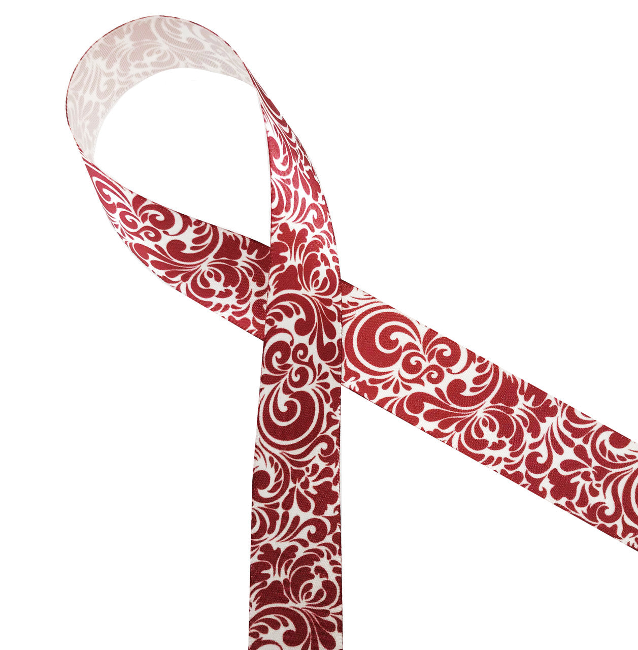 Red Swirls Ribbon on 7/8" Antique white single face satin ribbon