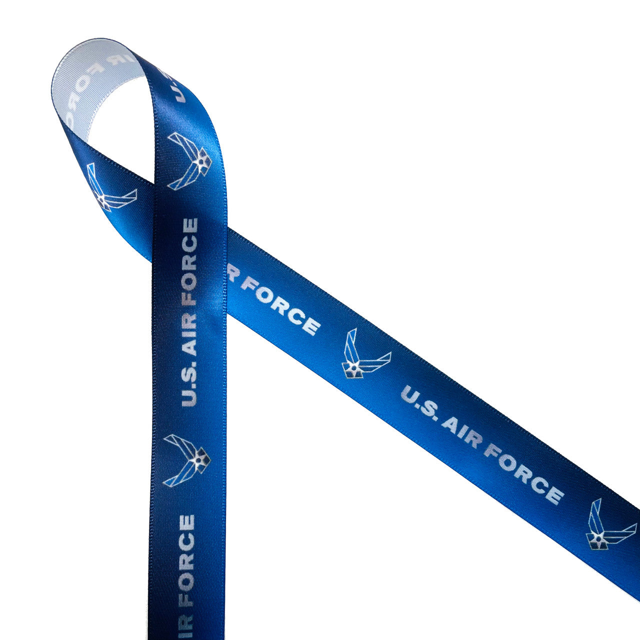 United States Air Force with the wings logo on a gradient blue background printed on 7/8" white single face satin ribbon is the ideal ribbon for celebrating your favorite airman. This is a great ribbon for Air Force academy events, retirement parties, deployment parties, gift wrap, gift baskets, party decor, crafts, sewing and quilting. All our ribbon is designed and printed in the USA