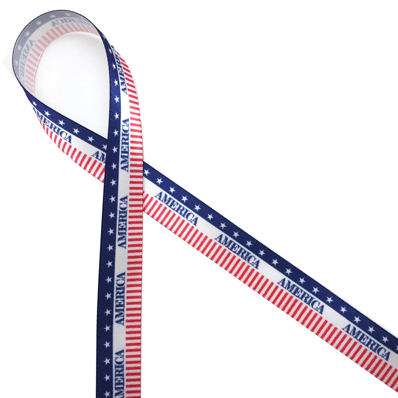 American Ribbon Design America banner with stars on a navy blue background and red and white ...