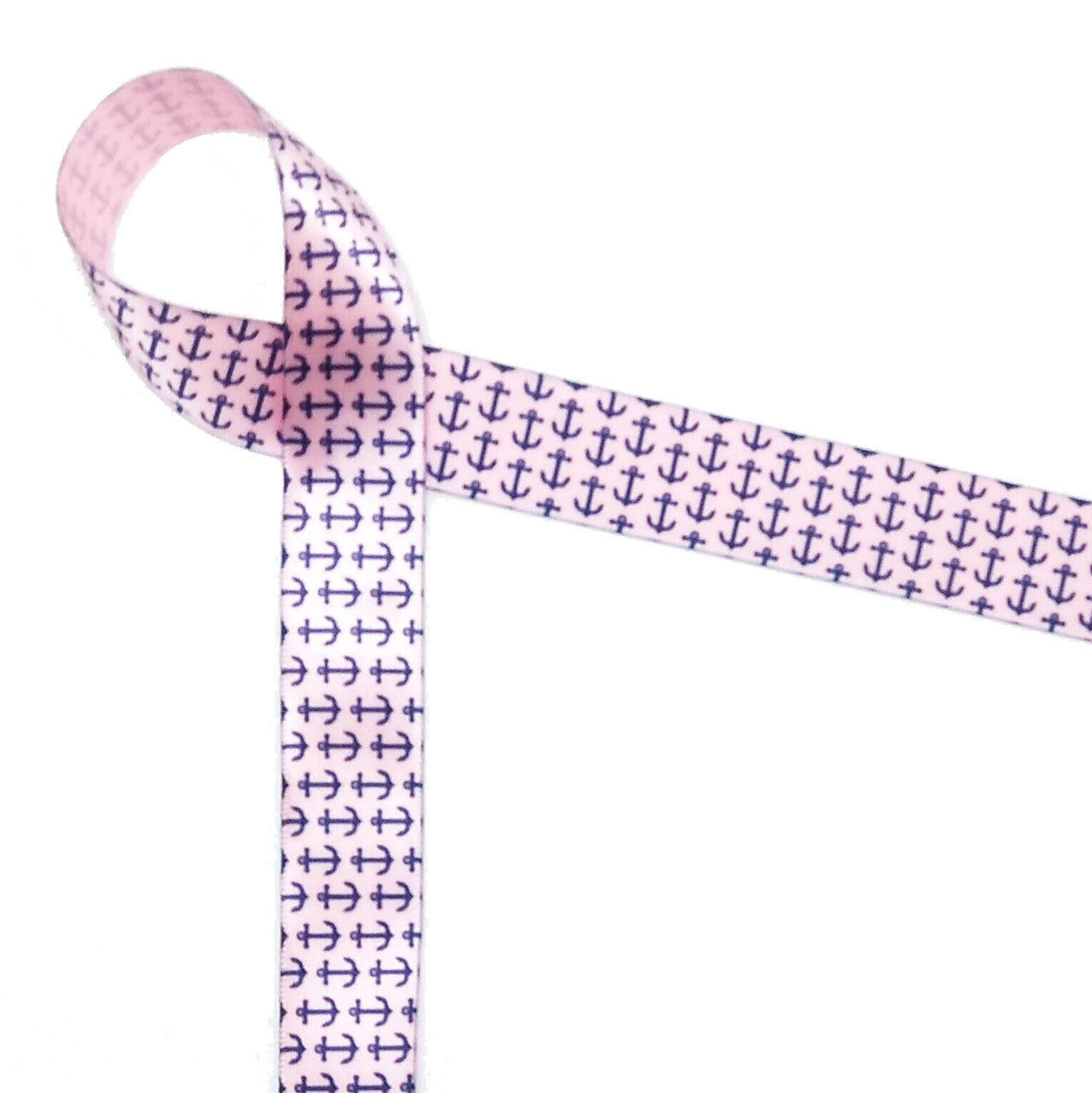 Mini Anchors Ribbon Navy Blue on 7/8" Pink Single Face Satin Ribbon