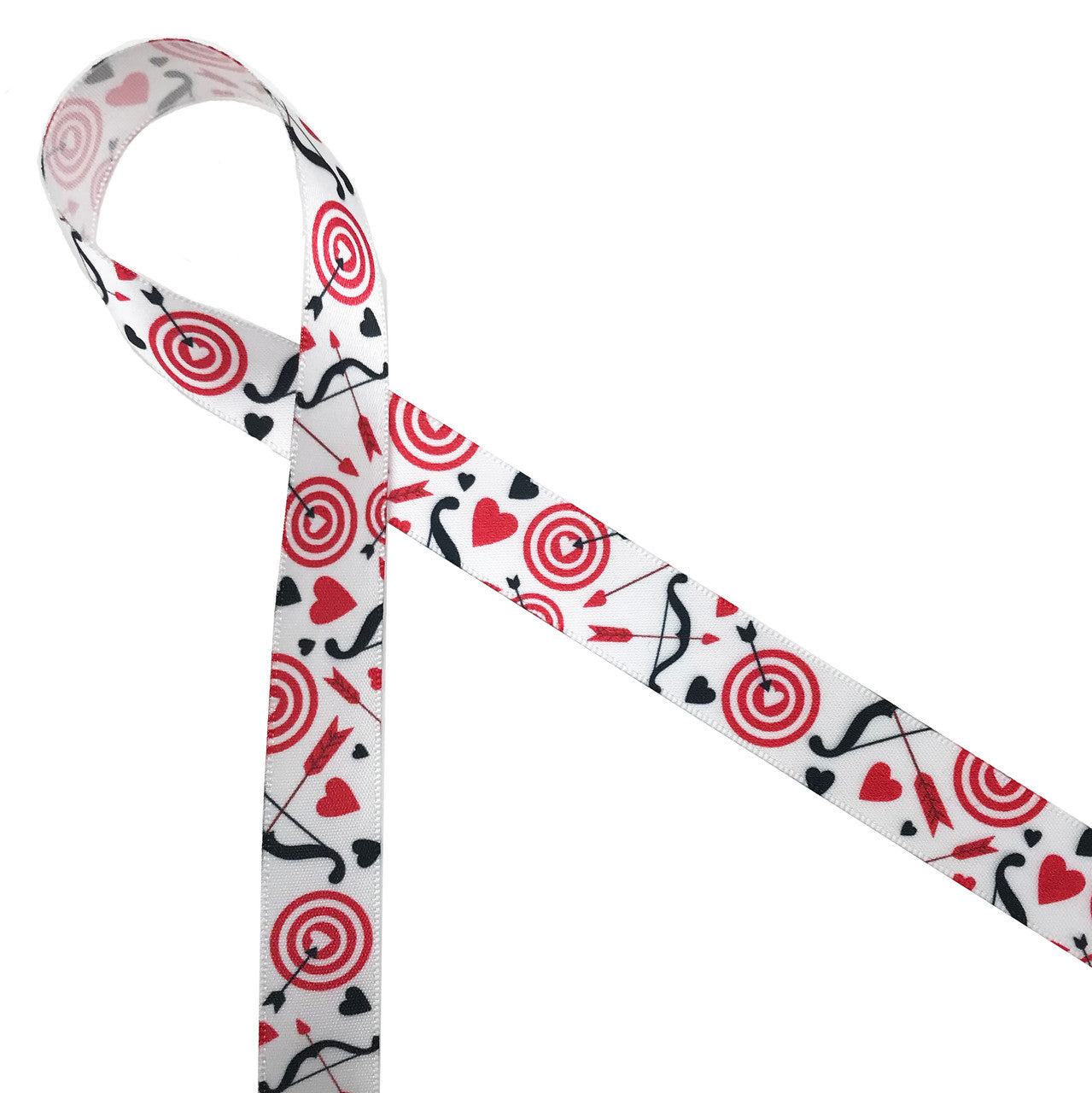Valentine targets ribbon with hearts and arrows printed on 5/8" white single face satin