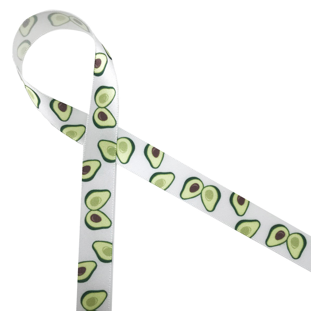 Avocado ribbon with green half avocados printed on 5/8" white single face satin