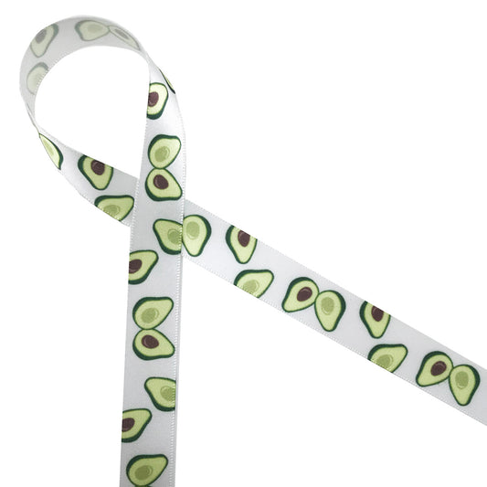 Avocado ribbon with green half avocados with brown pits tossed on 5/8" white single face satin