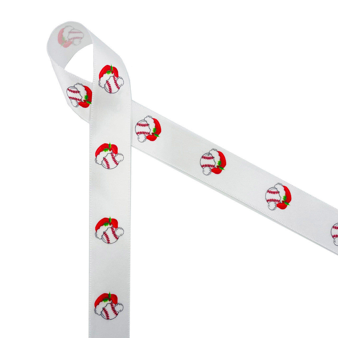 Christmas ribbon soft balls with Santa Hats printed on 7/8" white single face satin ribbon