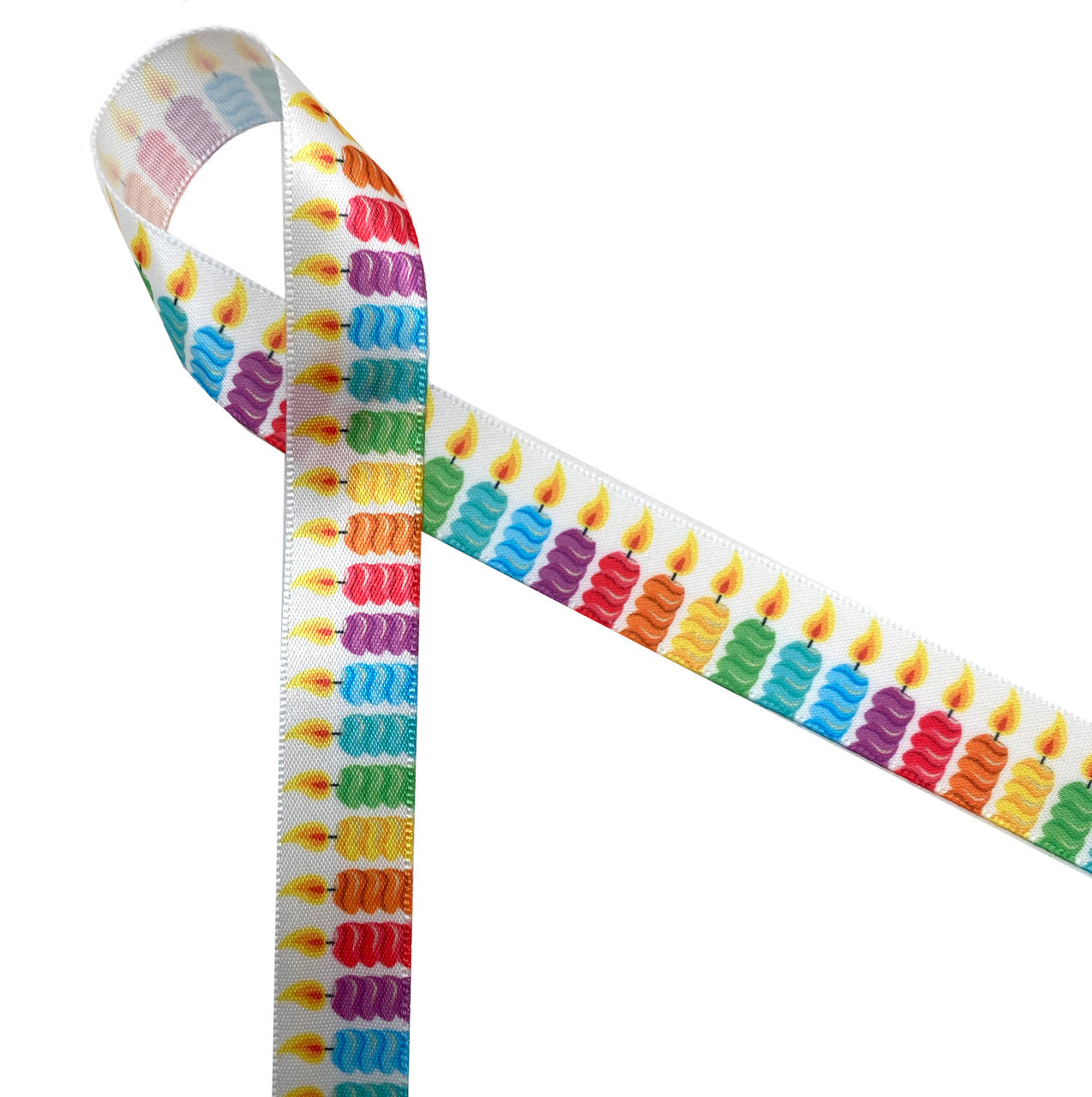 Birthday candles ribbon in primary colors printed on 5/8" white single face satin
