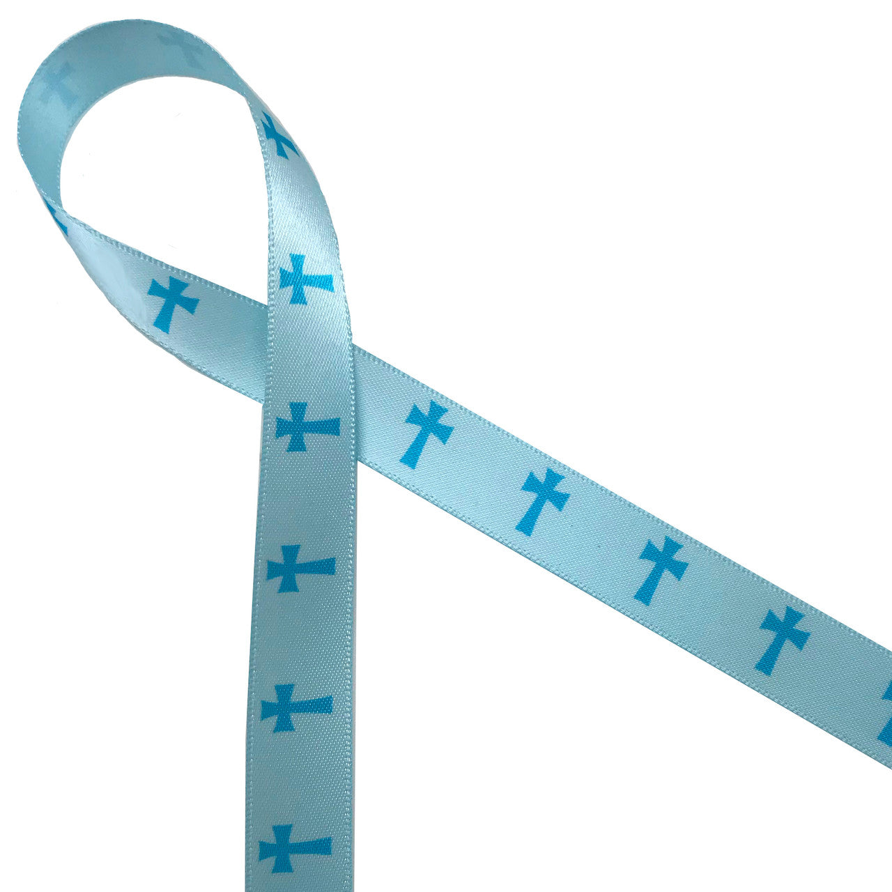 Blue crosses ribbon printed on 5/8" light blue single face satin