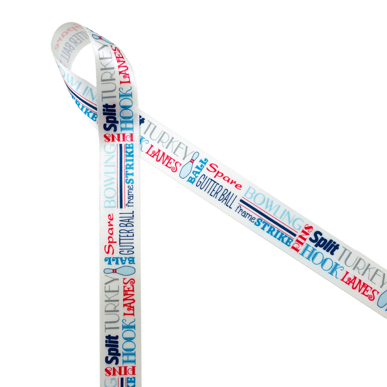 Bowling word block ribbon printed in red and blue on 7/8