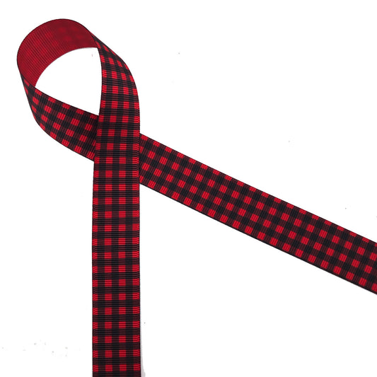 Buffalo Plaid ribbon in black on 7/8" red  grosgrain