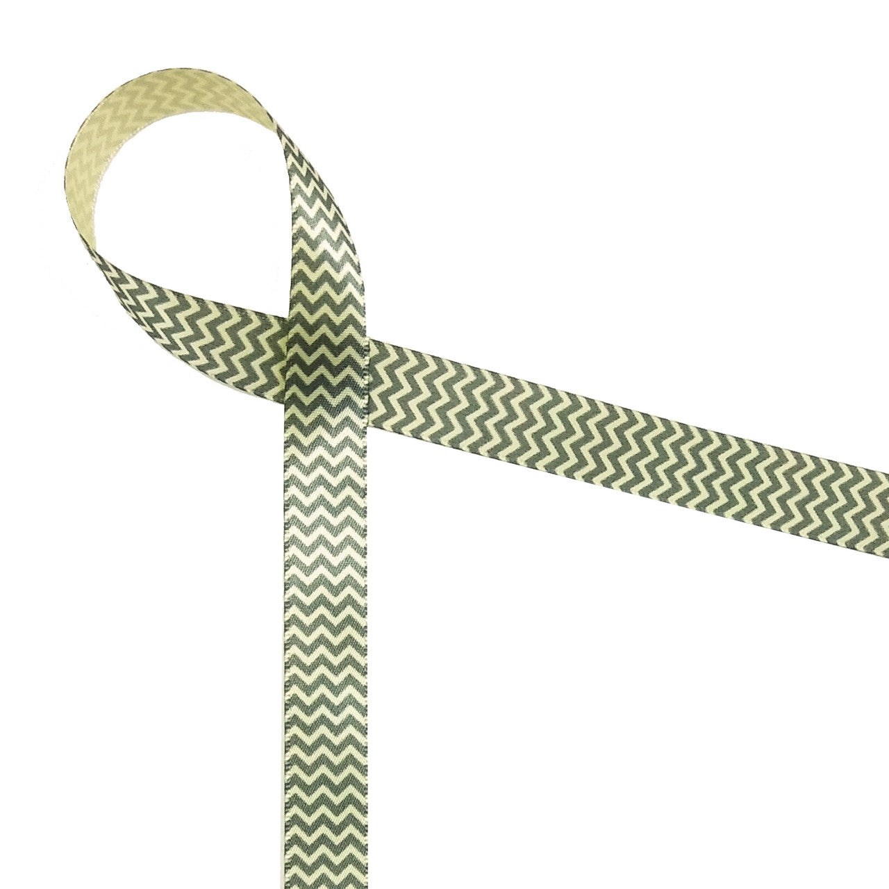 Chevron in gray on light yellow single face satin ribbon