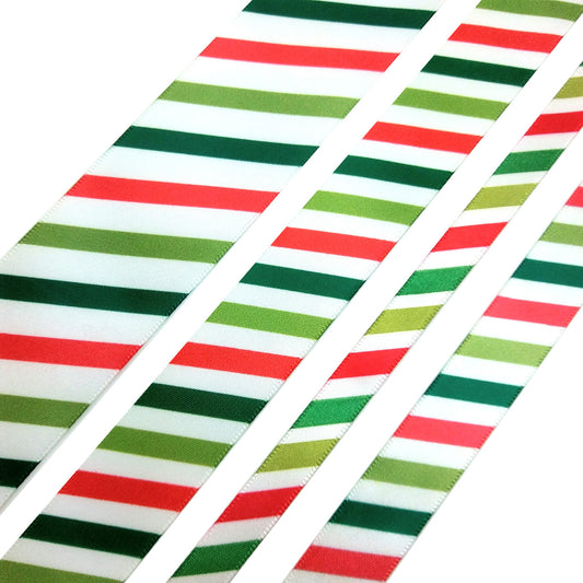 Christmas Stripes Ribbon, Lime, Red and Green on 5/8" white single face satin