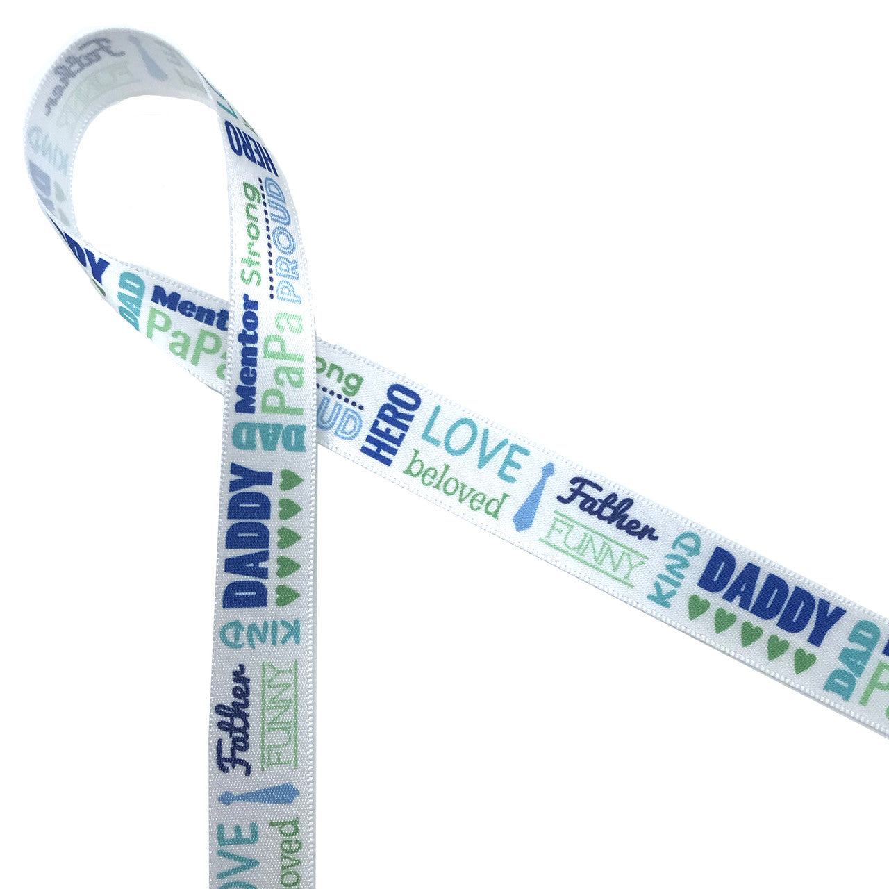 Father's Day ribbon word block in blue and green printed 7/8" white satin