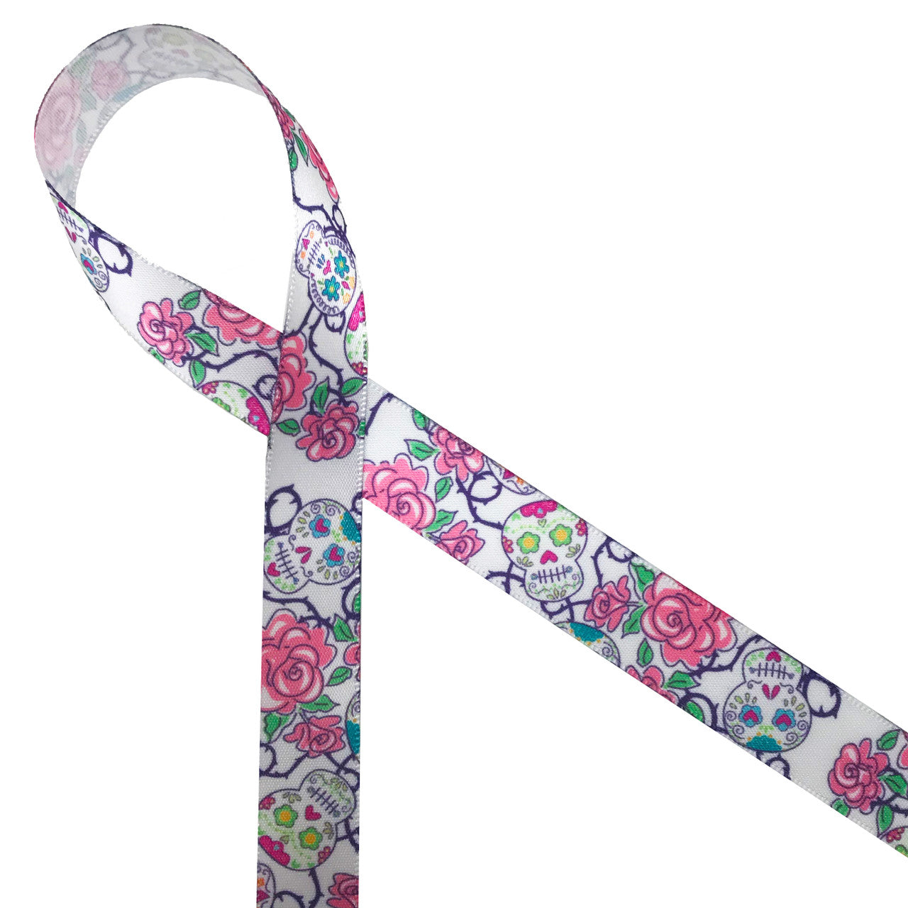 Sugar Skulls ribbon with roses for Day of the Dead celebrations printed on 5/8" white single face satin