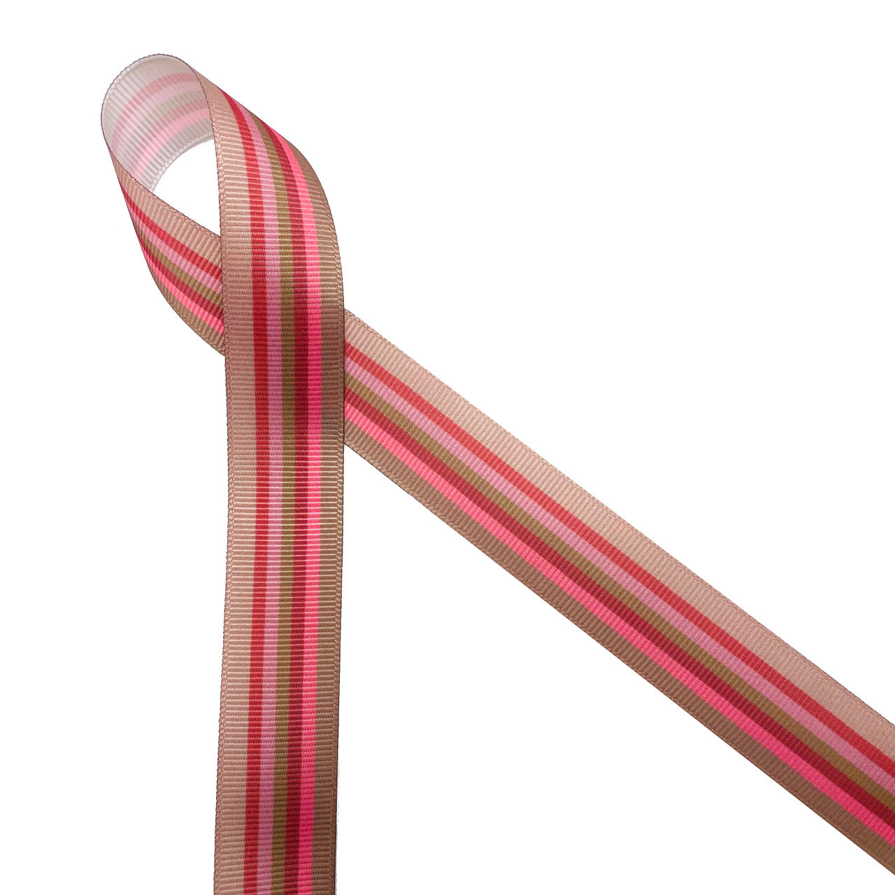 Spring Stripe ribbon in pink, cream, beige printed on 7/8" white grosgrain