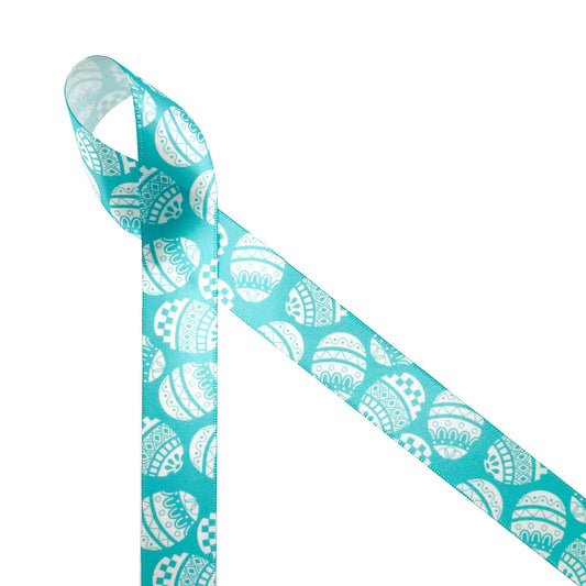 Easter Egg Ribbon stencil print in white with teal background printed on 7/8" white satin,
