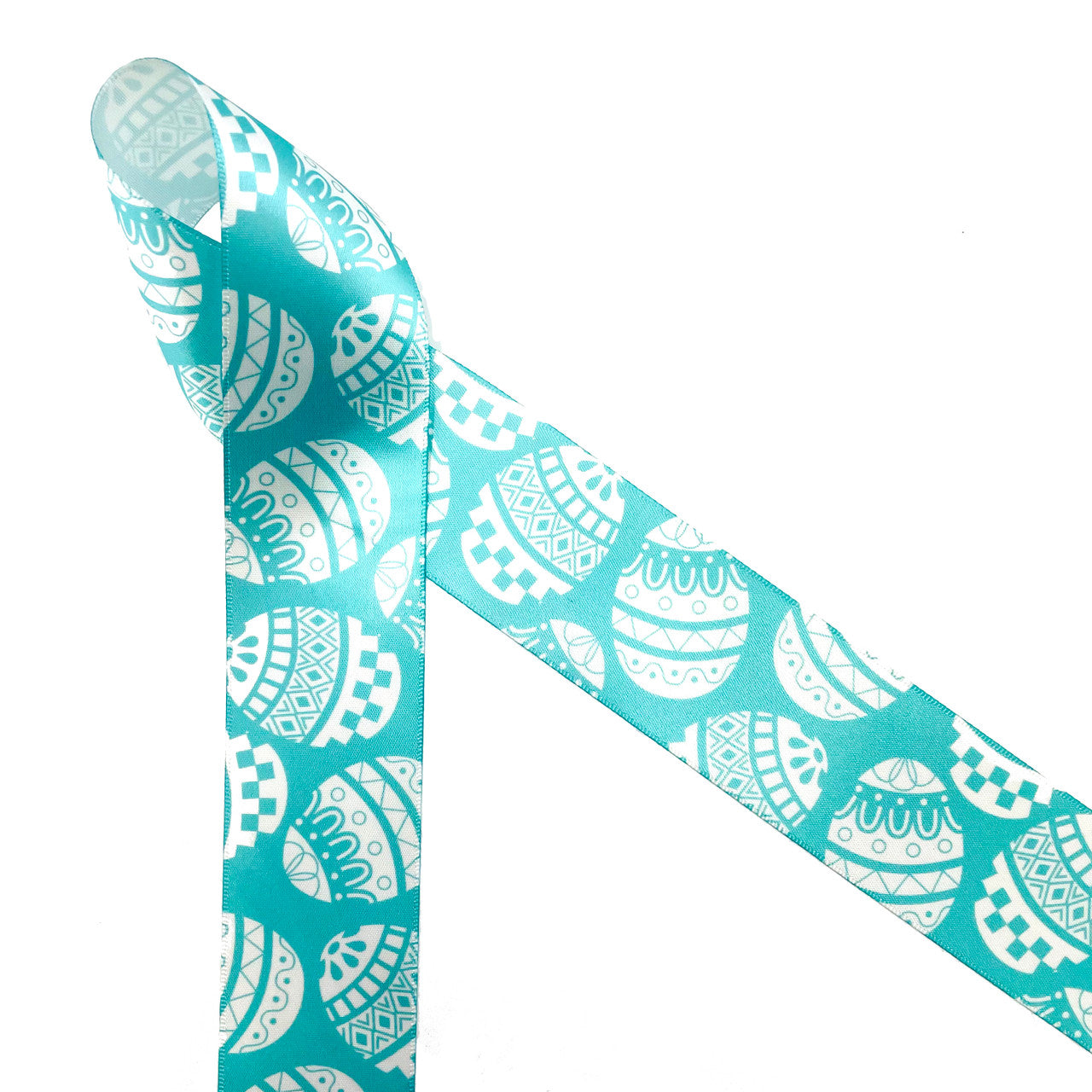 Easter Egg Ribbon stencil print in white with teal background printed on 1.5" white satin