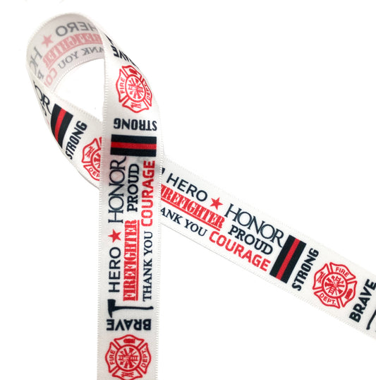 Firefighter Word Block ribbon printed in black and red on 7/8" white single face satin