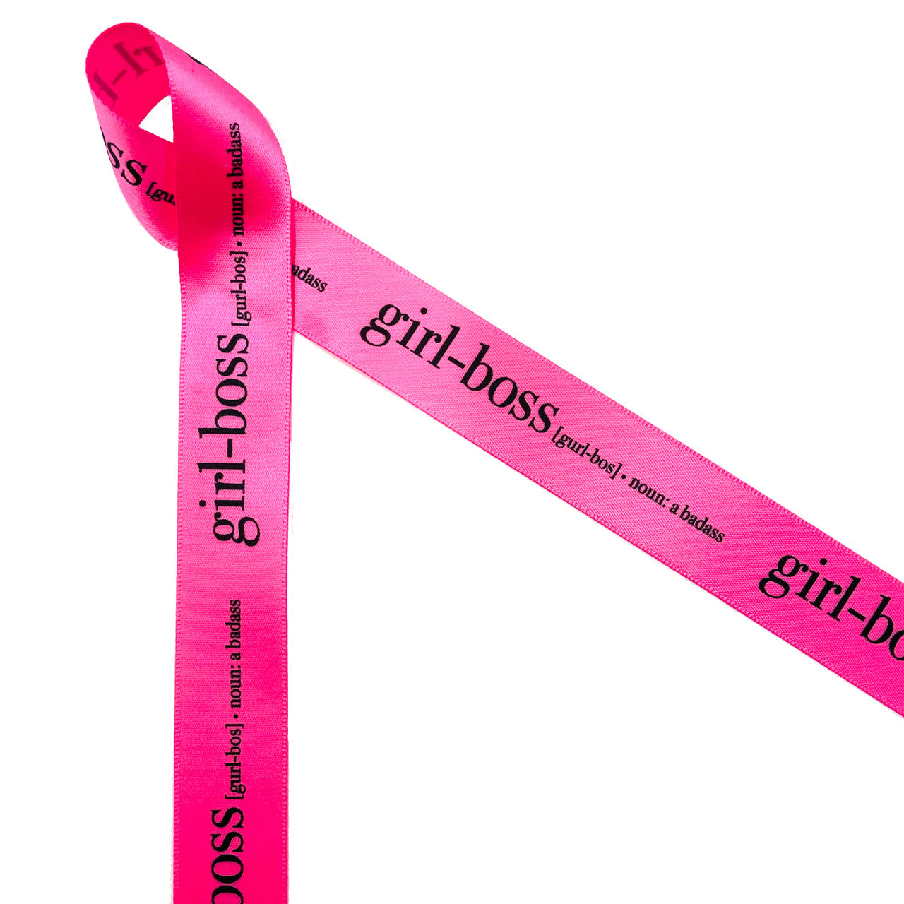 Girl Boss ribbon with black font and definition printed on 7/8" hot pink single face satin is a fun ribbon for so many occasions. This is a fun ribbon for girls night out, ladies night, promotion celebrations, bachelorette parties, and women in business. Use this ribbon for gift wrap, gift baskets party decor, table decor and floral design. This is a great ribbon for crafts, sewing and quilting projects too! All our ribbon is designed and printed in the USA