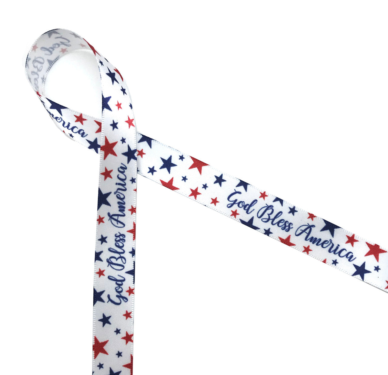 God Bless America ribbon with stars of blue and red printed on 5/8" white single face satin