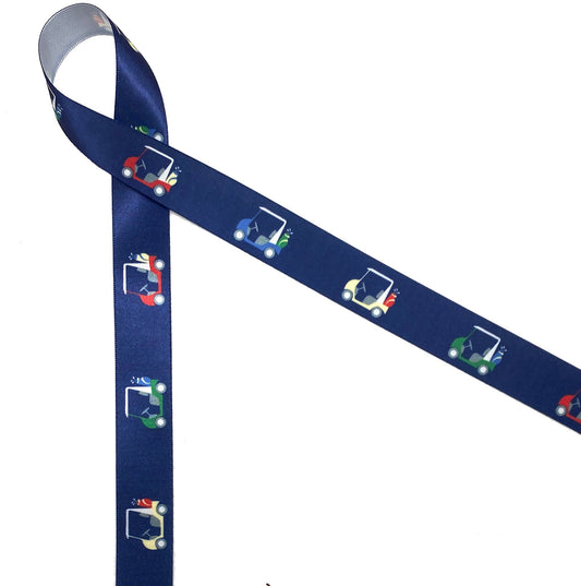 Golf Carts ribbon on a navy background printed on 7/8" white single face satin