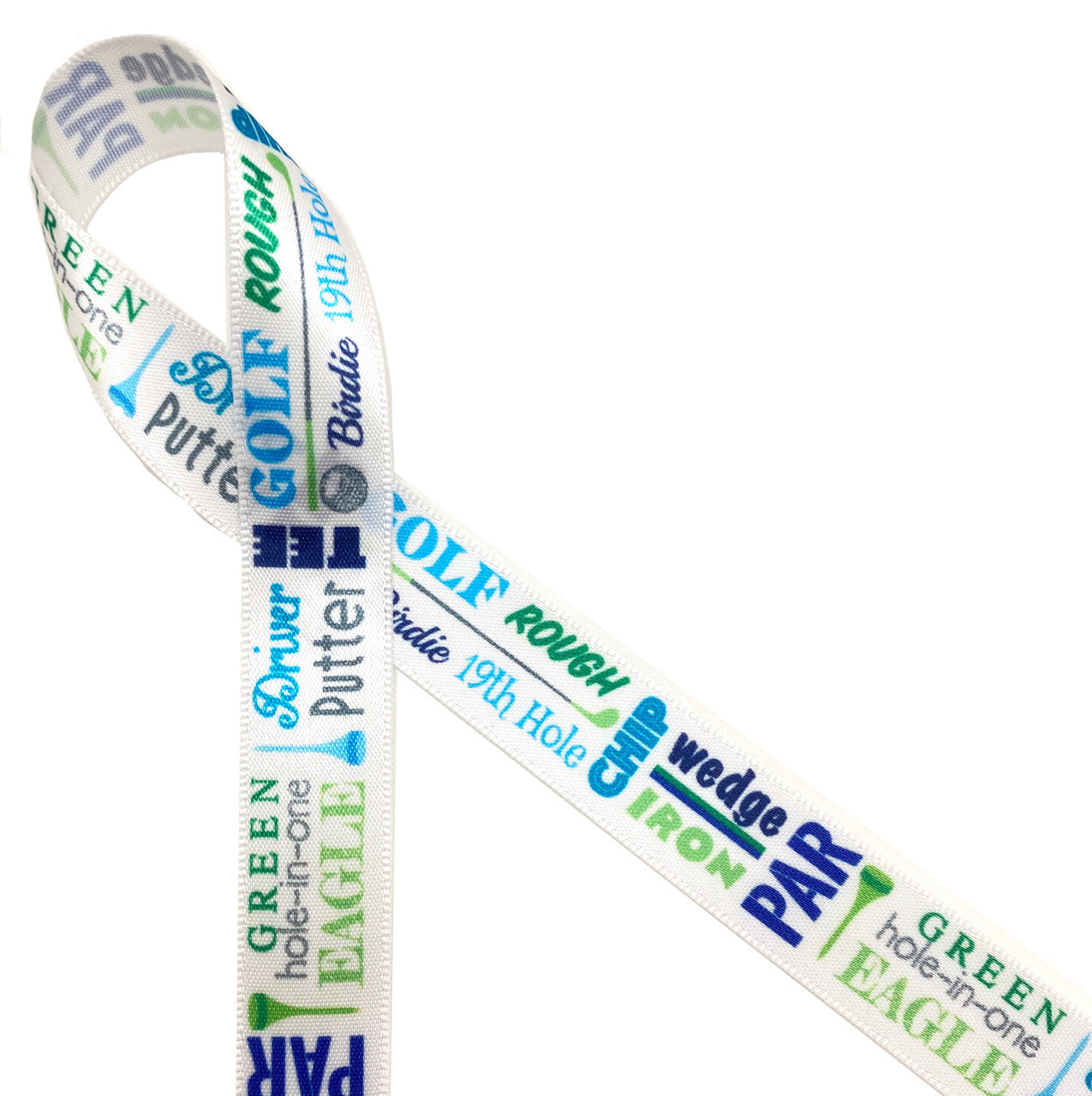 Golf word block ribbon in blue and green printed on 5/8" white single face satin