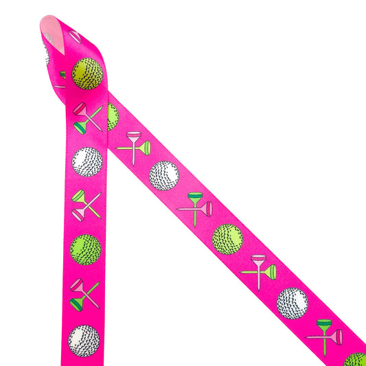 Golf ribbon Women's golf featuring golf balls and crossed tees on a hot pink background printed on 7/8" white satin