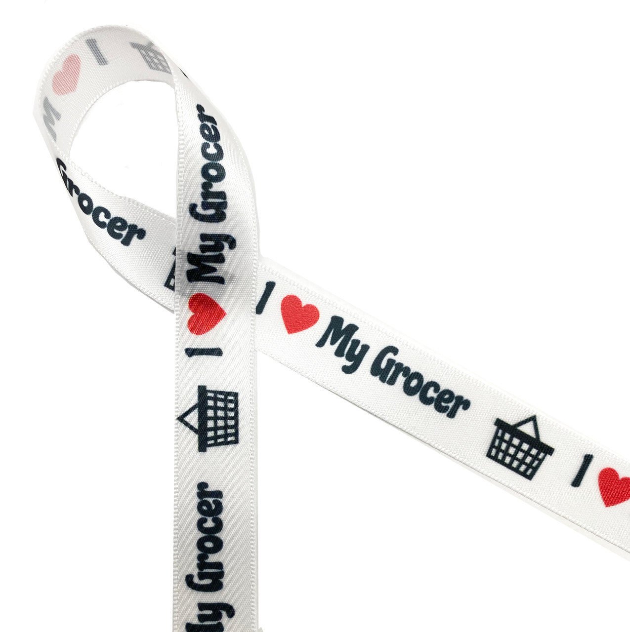 Grocery ribbon with a grocery basket and I (heart) my Grocer printed on 5/8" white single face satin